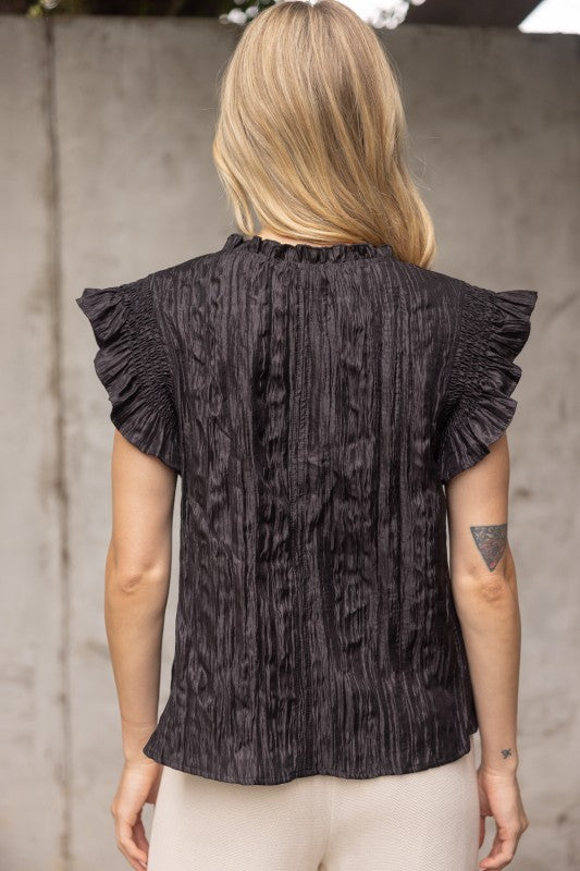 Black Crinkle Ruffle Top