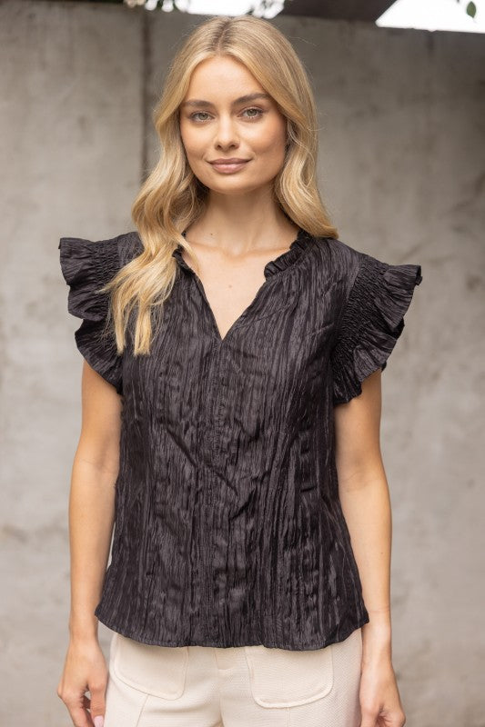 Black Crinkle Ruffle Top