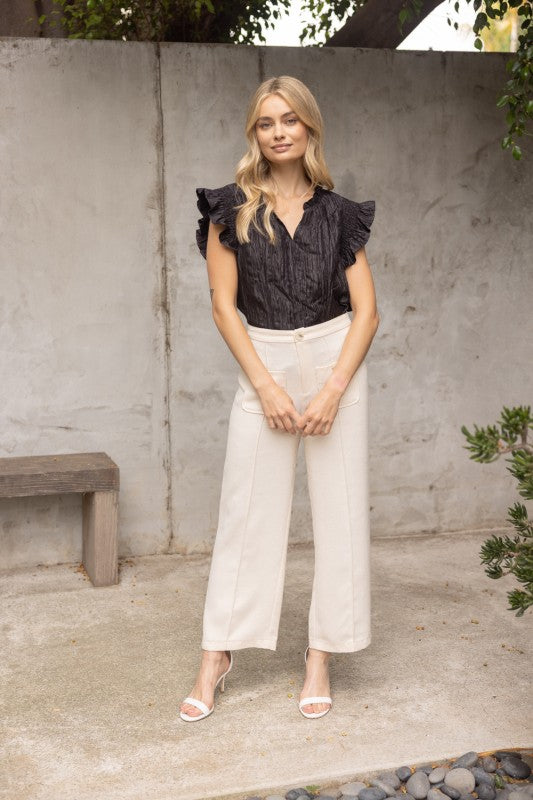 Black Crinkle Ruffle Top