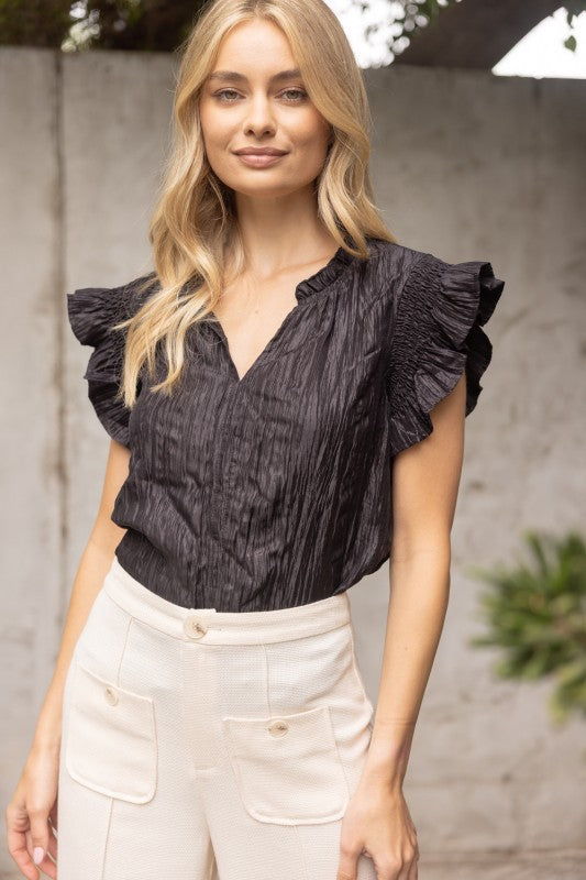 Black Crinkle Ruffle Top
