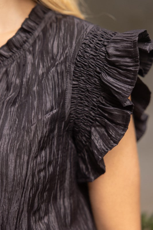Black Crinkle Ruffle Top