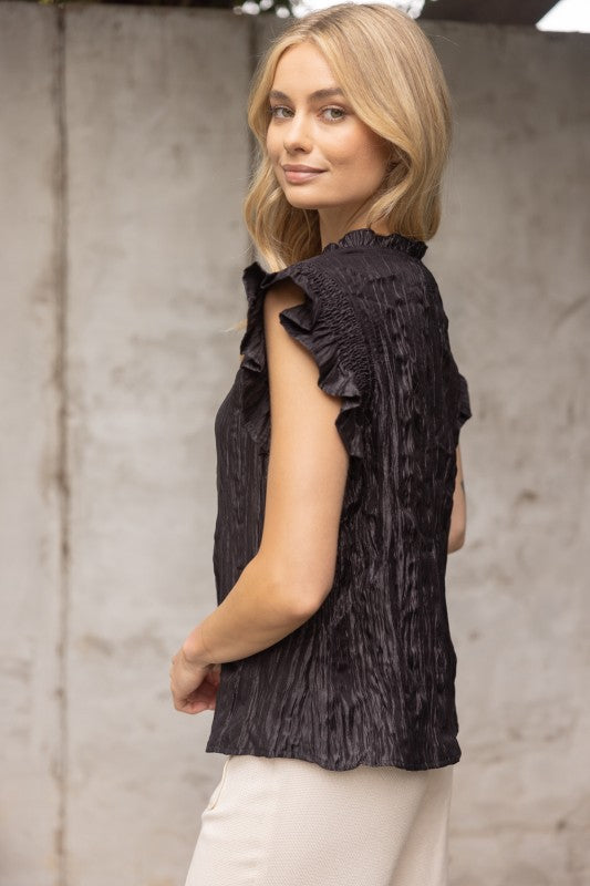 Black Crinkle Ruffle Top