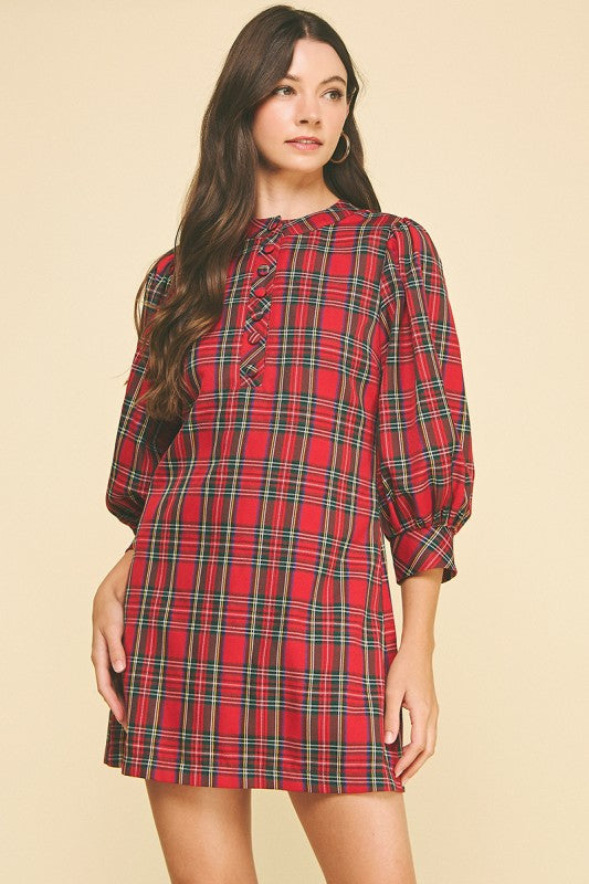 Red Plaid Puff Sleeve Dress