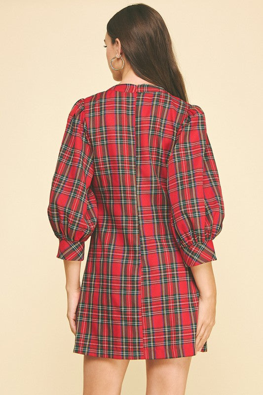 Red Plaid Puff Sleeve Dress