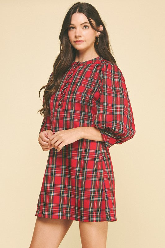 Red Plaid Puff Sleeve Dress