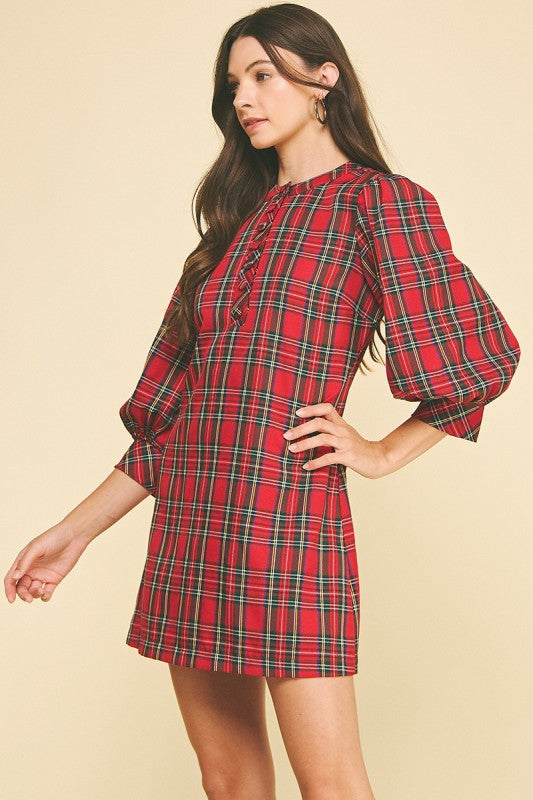 Red Plaid Puff Sleeve Dress