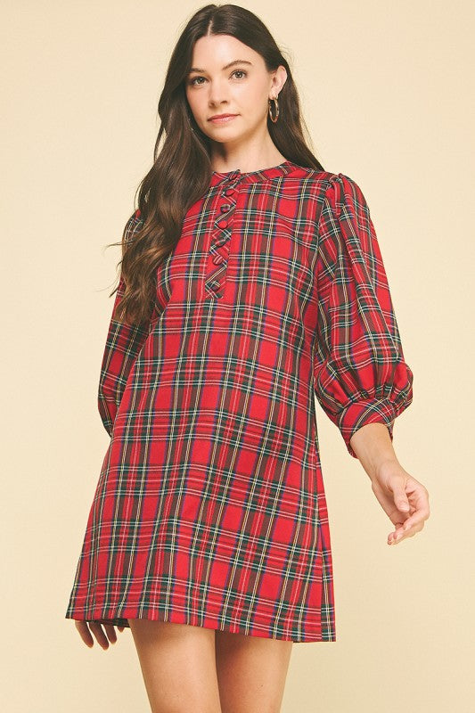 Red Plaid Puff Sleeve Dress