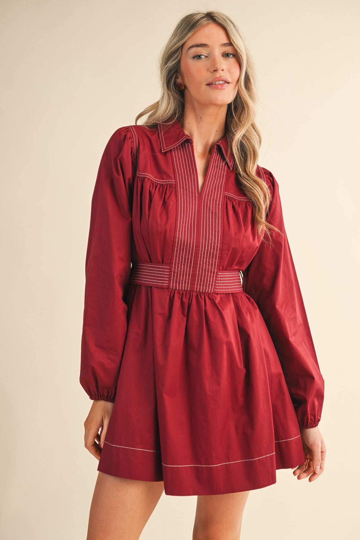 burgundy striped dress Burgundy Striped Collared Midi Dress – PinkBlush main image 0
