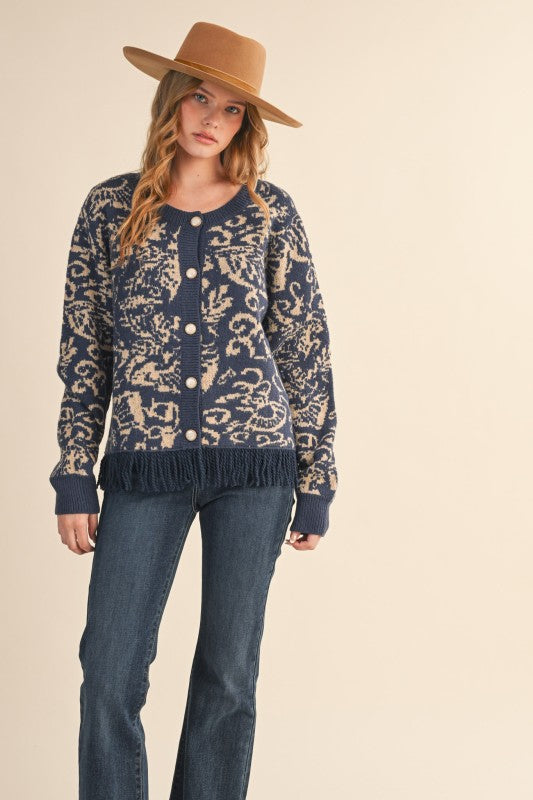 Navy Abstract Fringe Cardigan