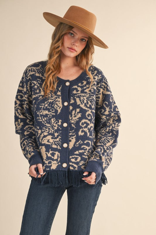 Navy Abstract Fringe Cardigan