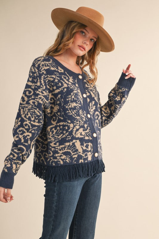 Navy Abstract Fringe Cardigan