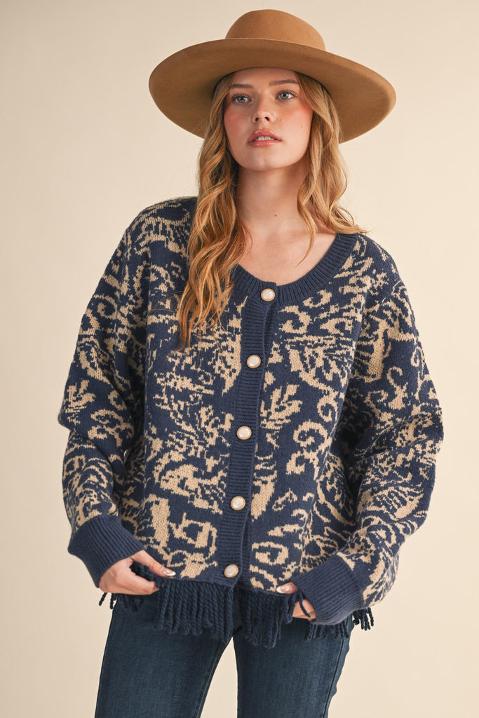 Navy Abstract Fringe Cardigan