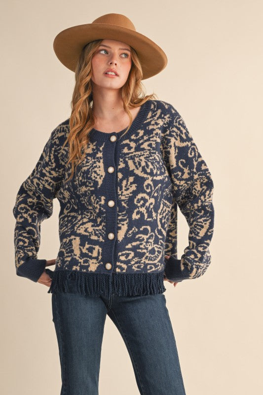Navy Abstract Fringe Cardigan