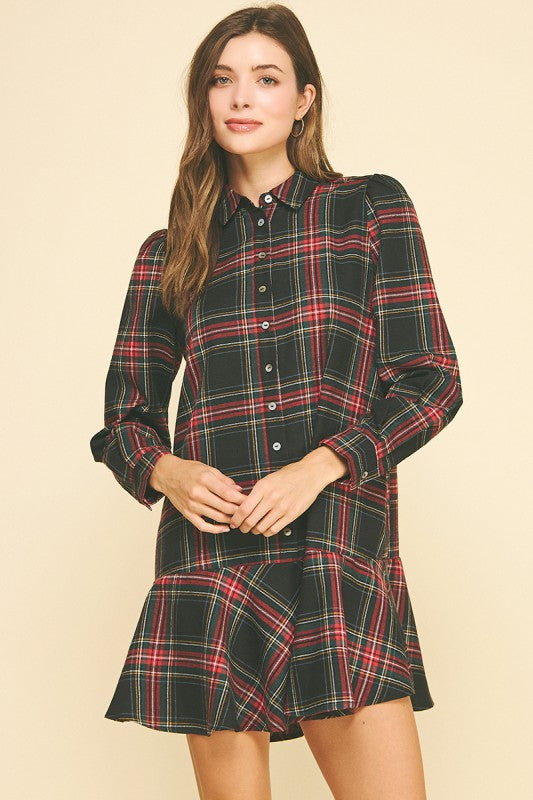 Black Plaid Flutter Dress