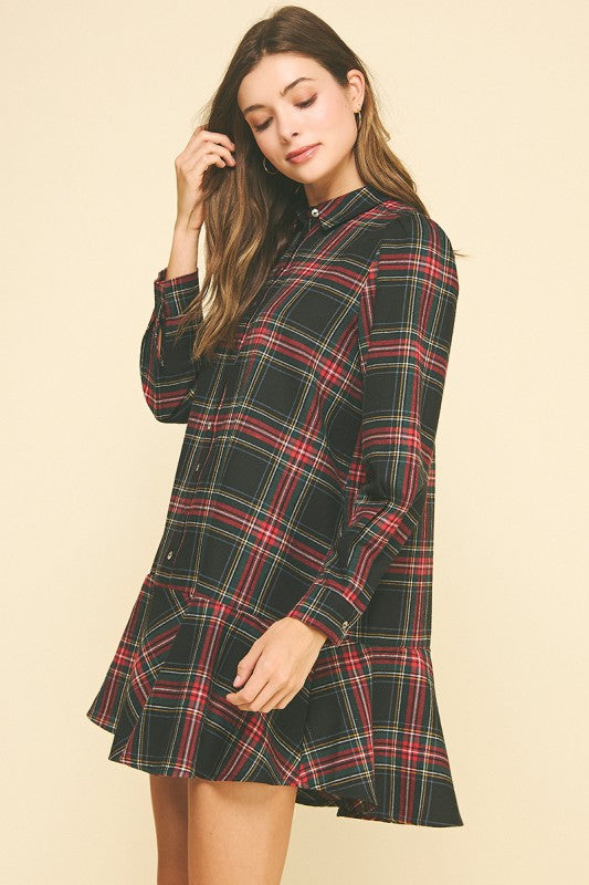 Black Plaid Flutter Dress