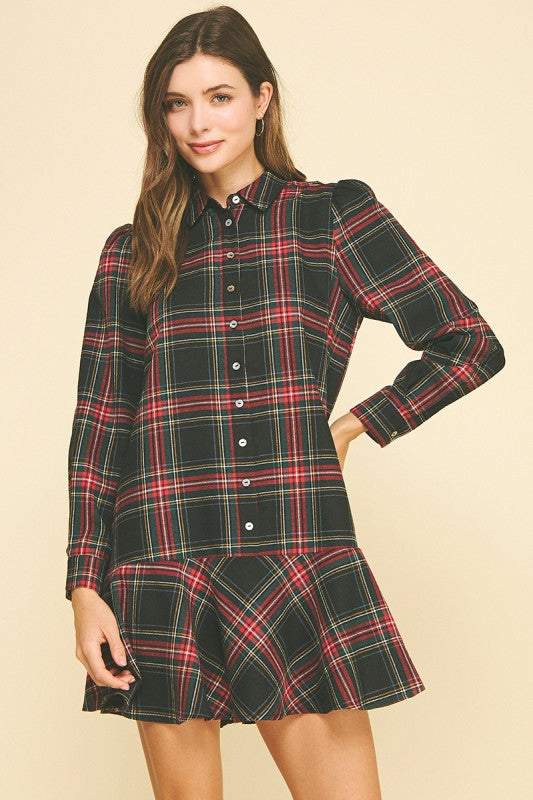 Black Plaid Flutter Dress