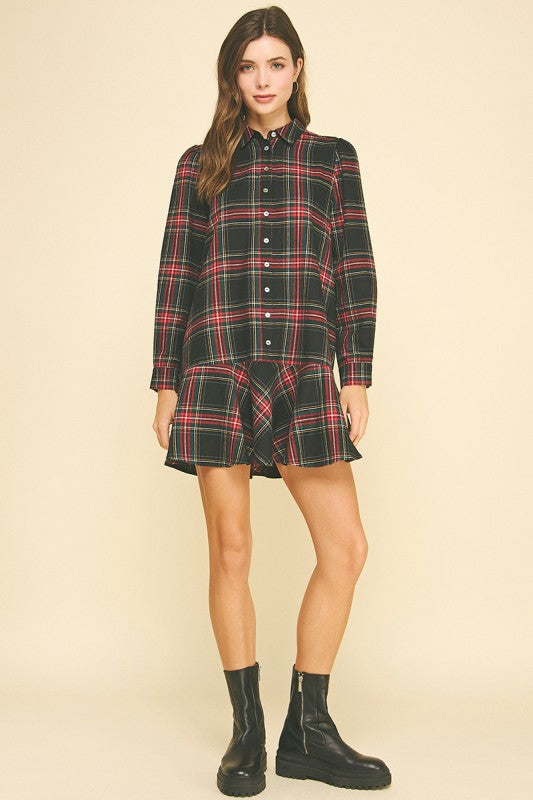Black Plaid Flutter Dress
