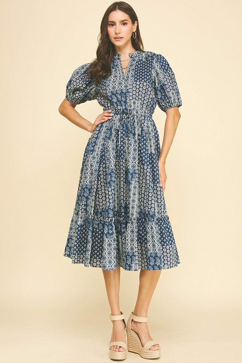 american eagle blue patchwork dress American Eagle Dress Large Patchwork Print Cold Shoulder Boho Festival mini