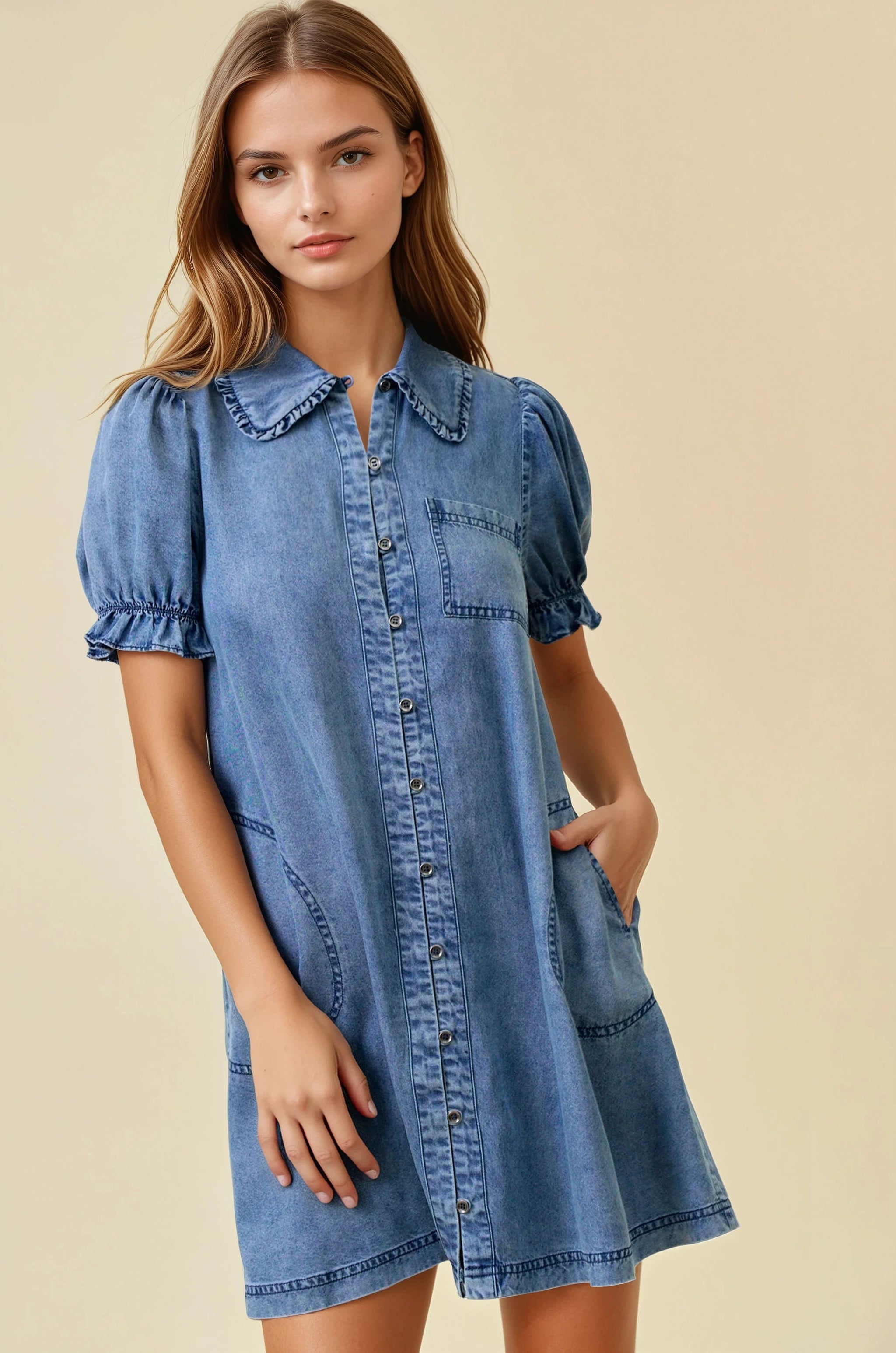 denim dress with puff sleeves Denim Puff Sleeve Dress