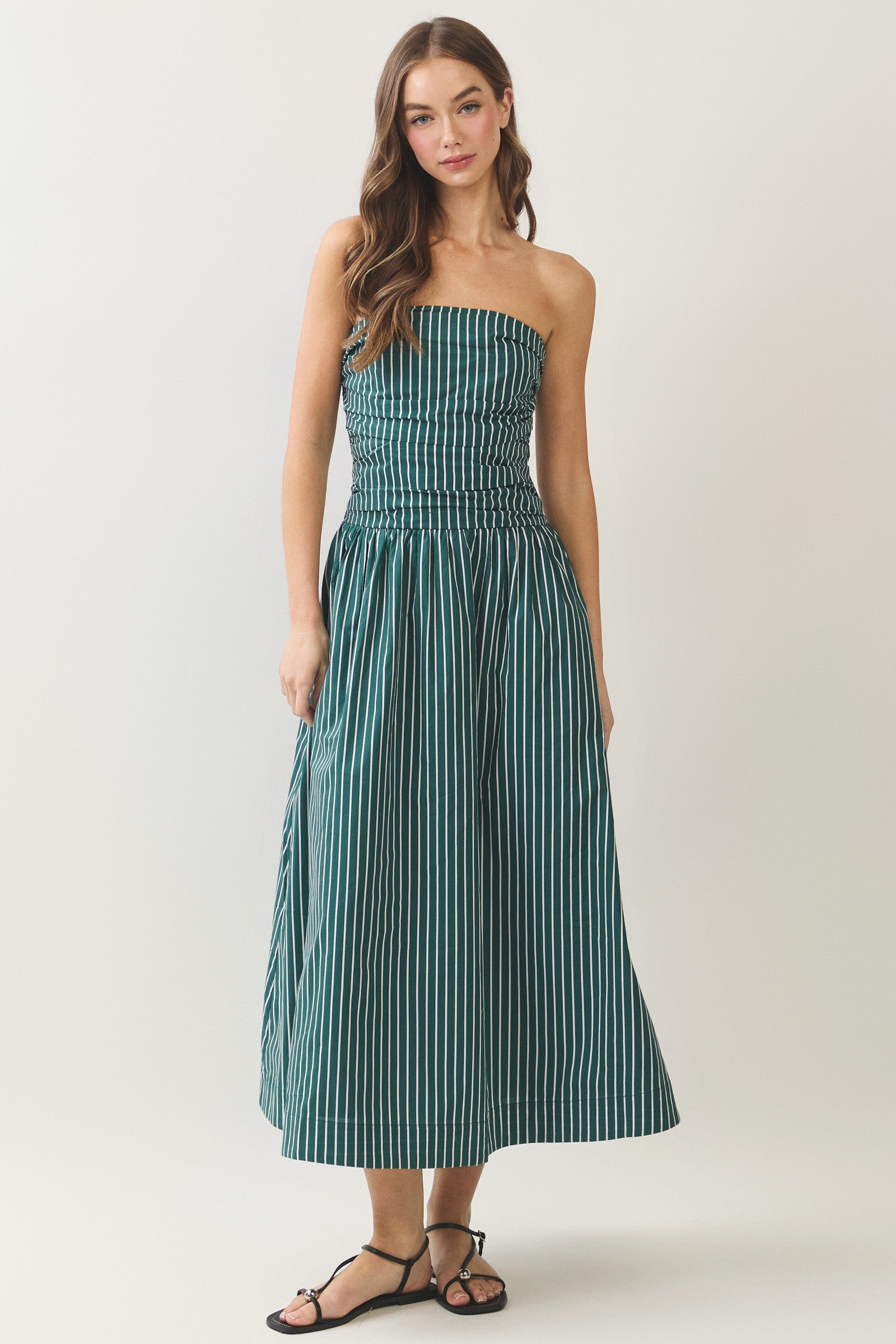 green striped strapless dress Buckle Striped Strapless Midi Dress in Green