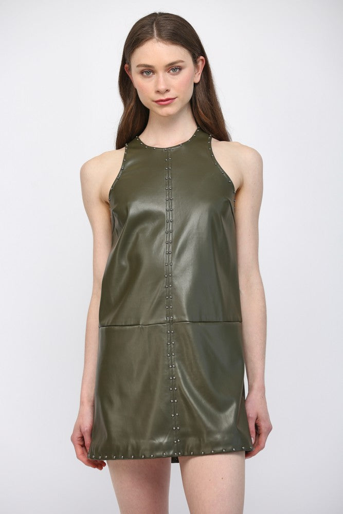 green studded dress Faux Leather – Striped Box Boutique Karen millen