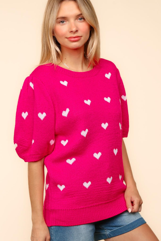 Pink Heart Bubble Sleeve Sweater