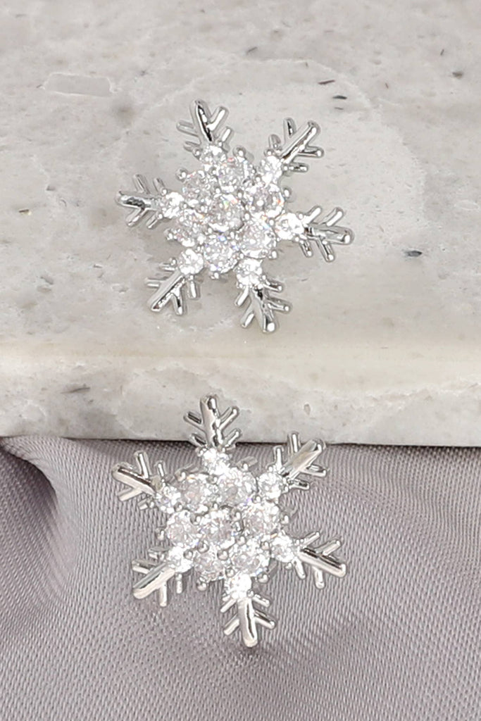 White Gold Plated CZ Snowflake Post Earrings