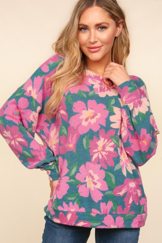 Teal Floral Long Sleeve Top