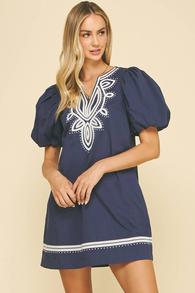 Navy Embroidered Flourish Dress