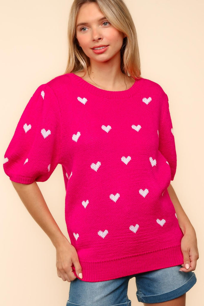 Pink Heart Bubble Sleeve Sweater