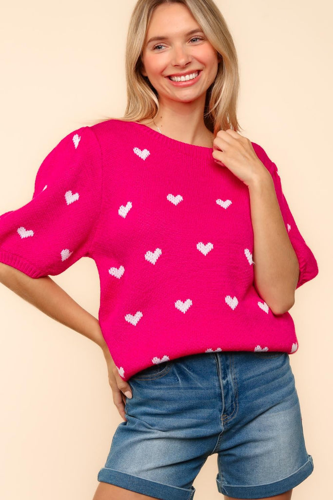 Pink Heart Bubble Sleeve Sweater