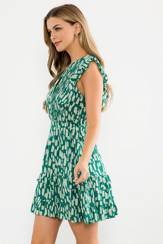 Green Abstract Ruffle Dress