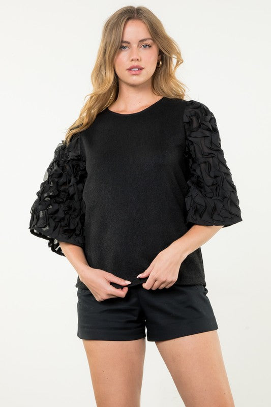 Black Textured Sleeve Top