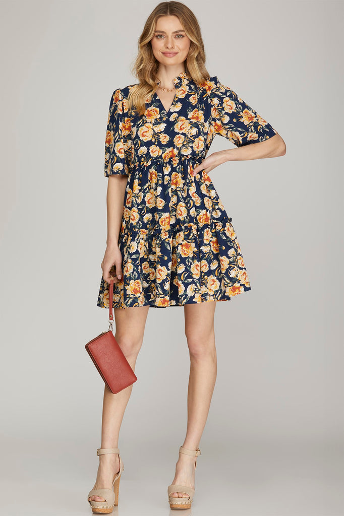 Navy Rust Floral Dress