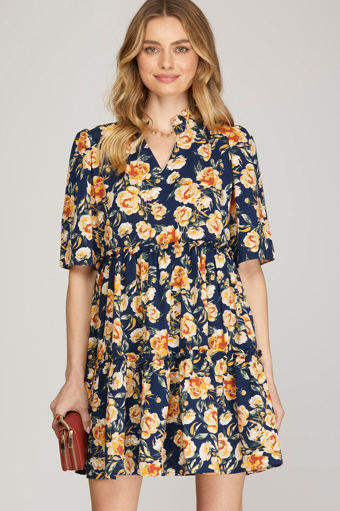 Navy Rust Floral Dress