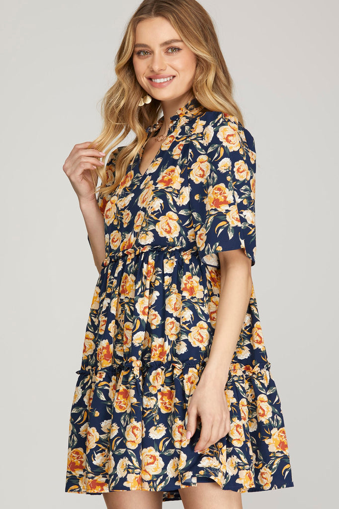 Navy Rust Floral Dress
