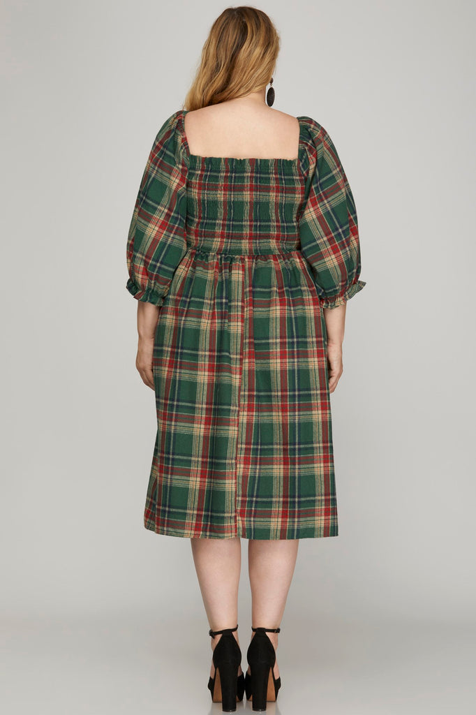 Green Plaid Smocked Dress