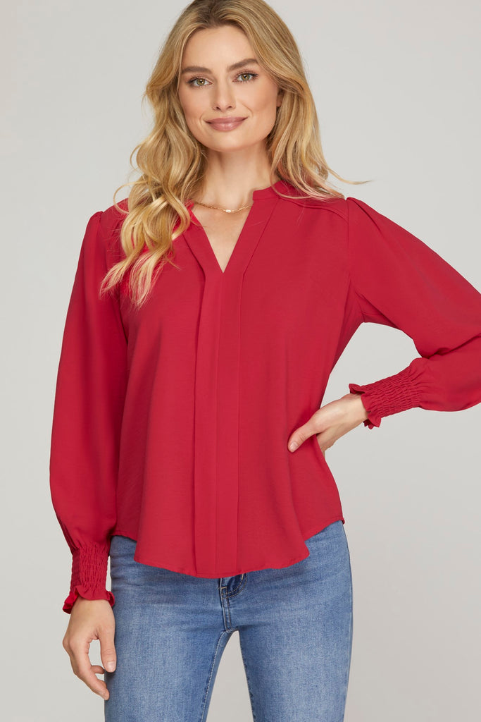Red Split V Long Sleeve Blouse