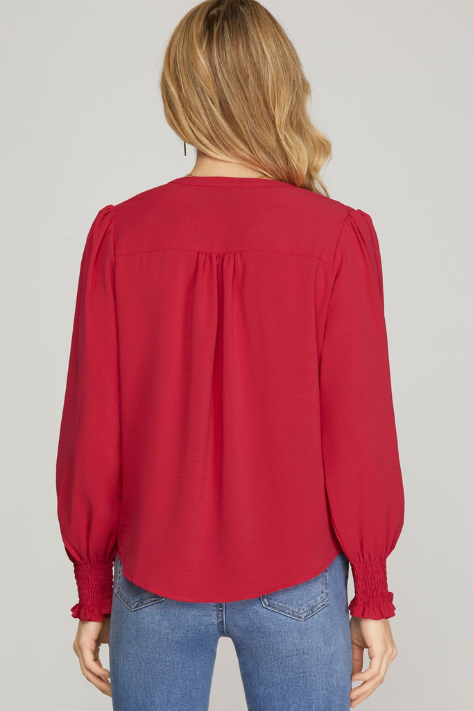 Red Split V Long Sleeve Blouse