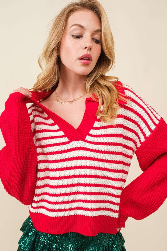 Red & White Striped Collared Sweater