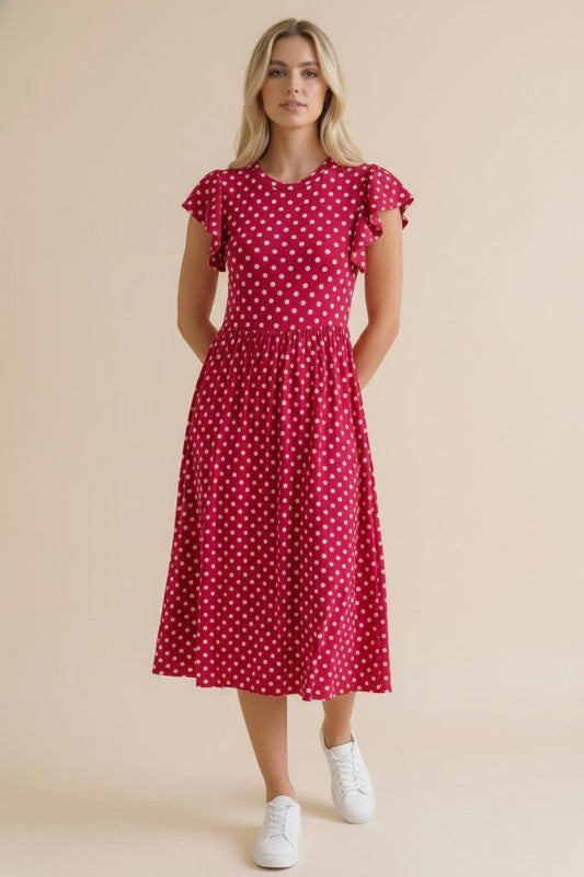 fitted lace wedding dress Women's Retro Polka Dot V Neck Short Sleeve Ruffle Wrap Midi Dress, Red / S main image 1