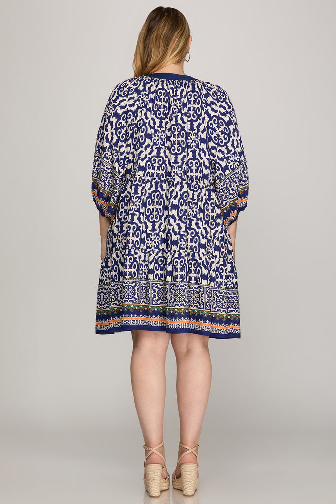Navy Orange Patterned Dress
