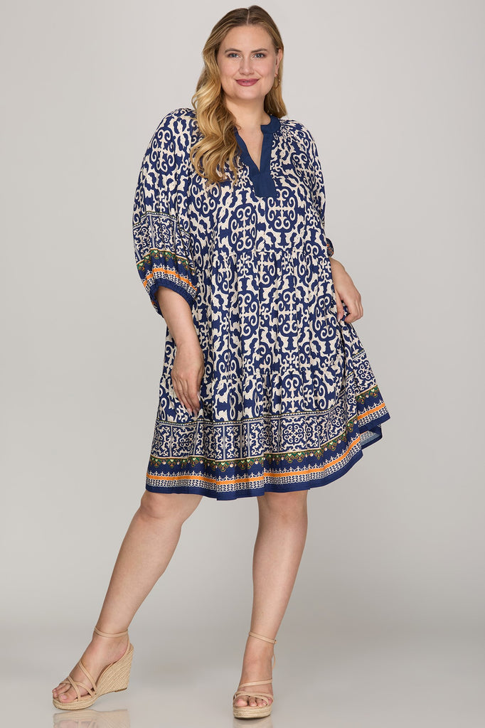 Navy Orange Patterned Dress