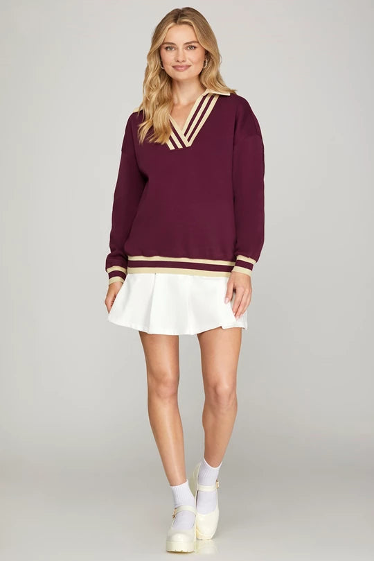 Wine Contrast Rib Top