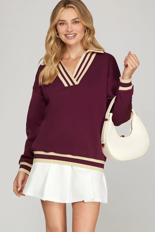 Wine Contrast Rib Top