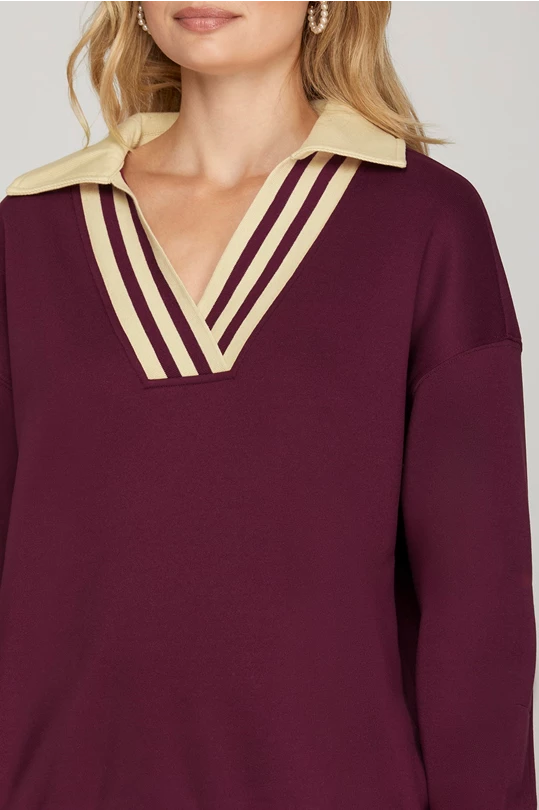 Wine Contrast Rib Top