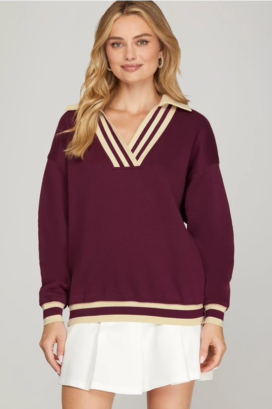 Wine Contrast Rib Top