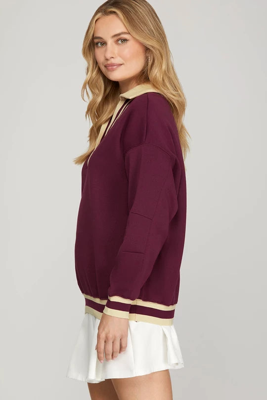 Wine Contrast Rib Top