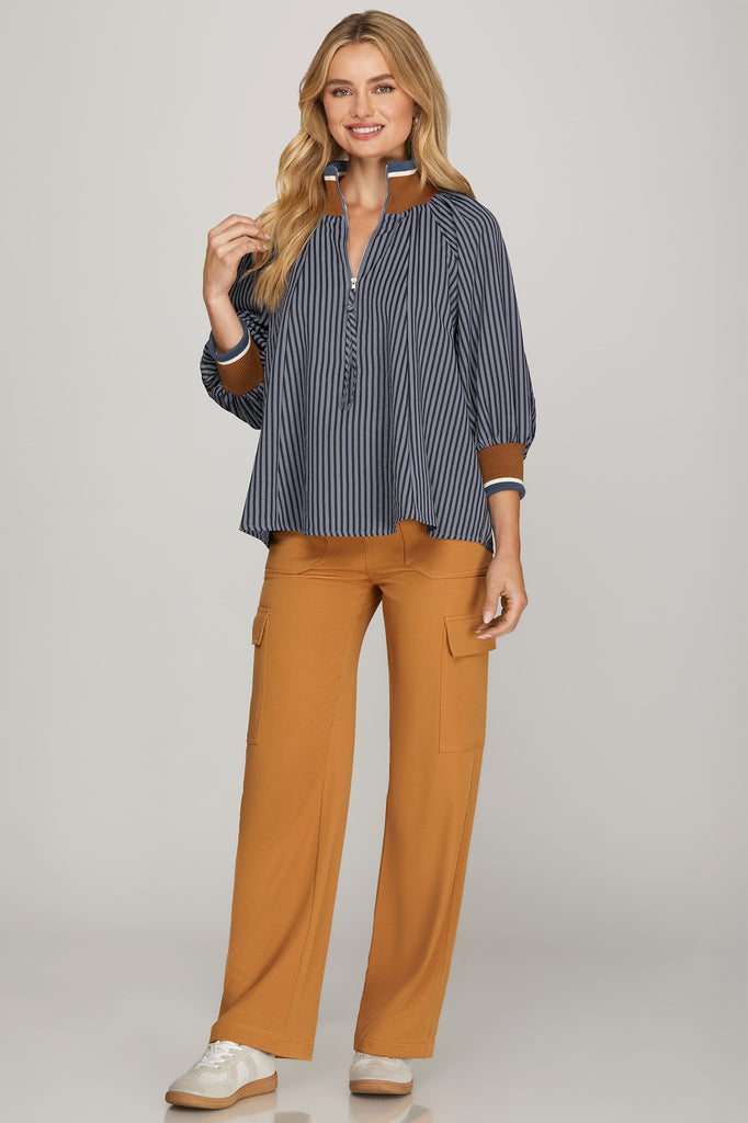 Navy Brown Half Zip Top