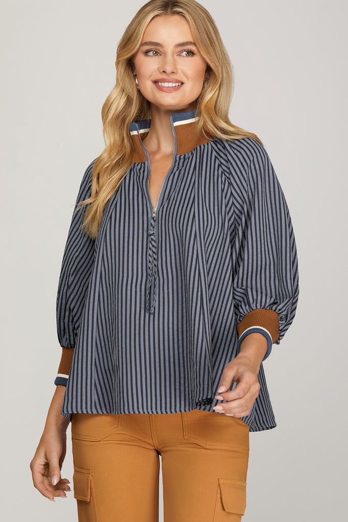 Navy Brown Half Zip Top